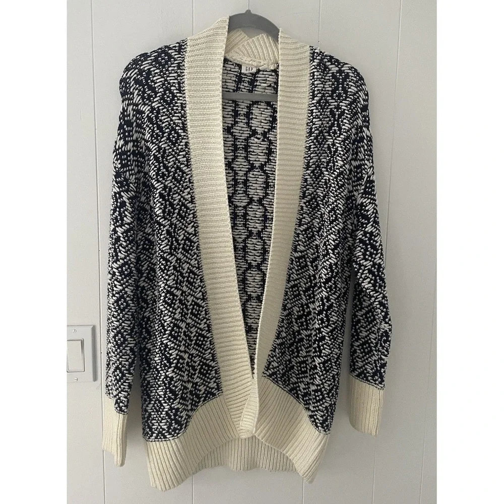 Gap Open Cardigan Sweater Knit Size‎ XS/S Navy & Ivory Pattern Preppy